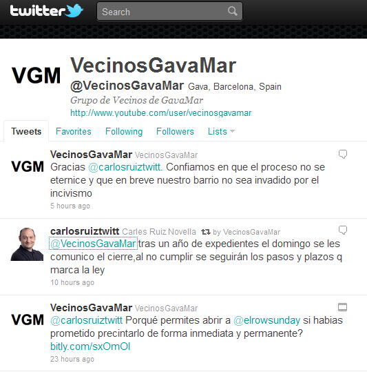Resposta de l'alcalde de Viladecans (Carles Ruz) va twitter a los vecinos de Gav Mar que le preguntan por lo que har para evitar que el afterhour ubicado en el litoral de Viladecans siga abriendo (2 Noviembre 2011)